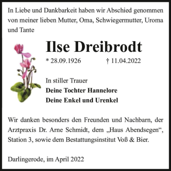 Traueranzeige von Ilse Dreibrodt  von Magdeburger Volksstimme
