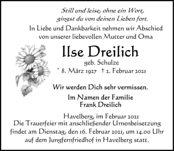 Traueranzeige von Ilse Dreilich (geb. Schulze)  von Magdeburger Volksstimme
