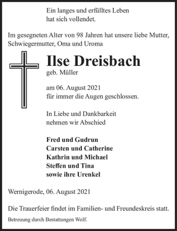 Traueranzeige von Ilse Dreisbach (geb. Müller)  von Magdeburger Volksstimme