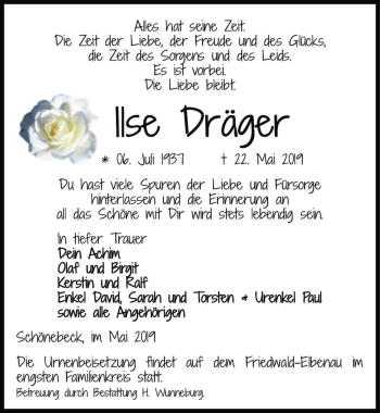 Traueranzeige von Ilse Dräger  von Magdeburger Volksstimme