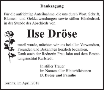 Traueranzeige von Ilse Dröse  von Magdeburger Volksstimme