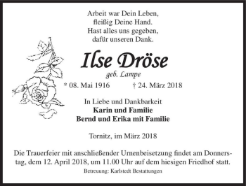Traueranzeige von Ilse Dröse (geb. Lampe)  von Magdeburger Volksstimme
