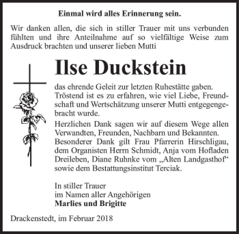 Traueranzeige von Ilse Duckstein  von Magdeburger Volksstimme