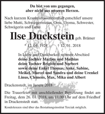 Traueranzeige von Ilse Duckstein (geb. Brämer)  von Magdeburger Volksstimme