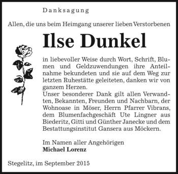 Traueranzeige von Ilse Dunkel  von Magdeburger Volksstimme