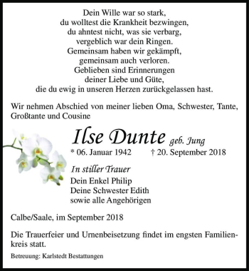 Traueranzeige von Ilse Dunte (geb. Jung)  von Magdeburger Volksstimme