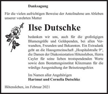 Traueranzeige von Ilse Dutschke  von Magdeburger Volksstimme