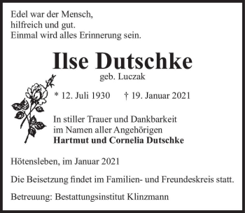 Traueranzeige von Ilse Dutschke (geb. Luczak)  von Magdeburger Volksstimme