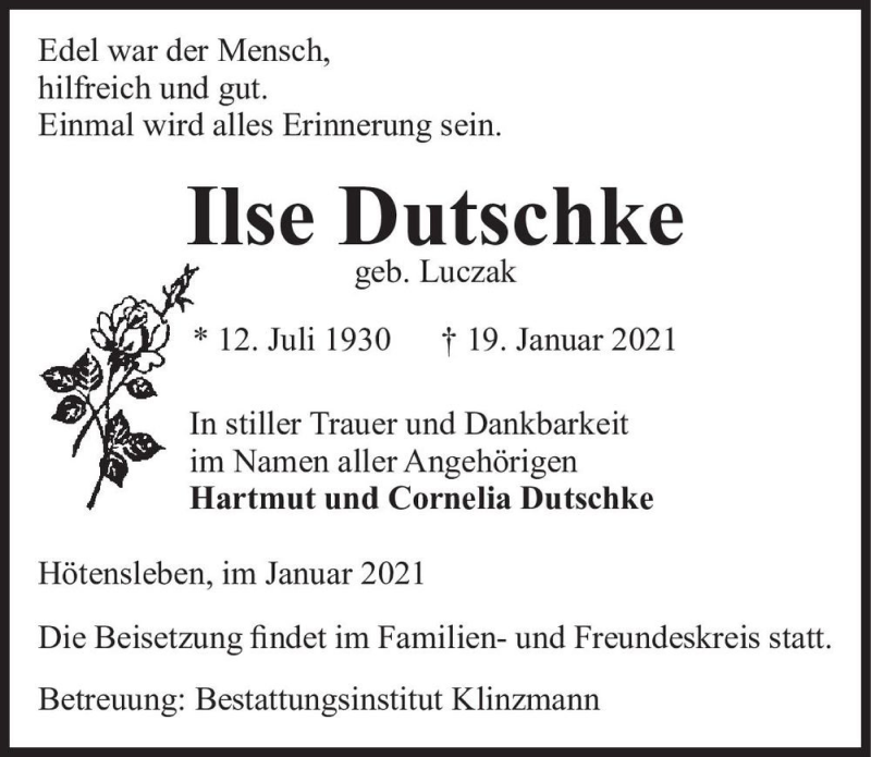  Traueranzeige für Ilse Dutschke (geb. Luczak)  vom 30.01.2021 aus Magdeburger Volksstimme