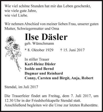 Traueranzeige von Ilse Däsler (geb. Wünschmann)  von Magdeburger Volksstimme