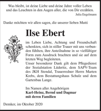 Traueranzeige von Ilse Ebert  von Magdeburger Volksstimme