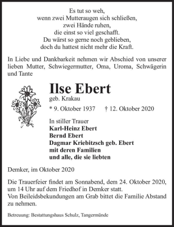 Traueranzeige von Ilse Ebert (geb. Krakau)  von Magdeburger Volksstimme