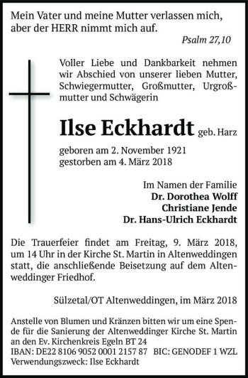 Traueranzeige von Ilse Eckhardt (geb. Harz)  von Magdeburger Volksstimme
