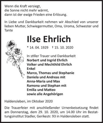 Traueranzeige von Ilse Ehrlich  von Magdeburger Volksstimme