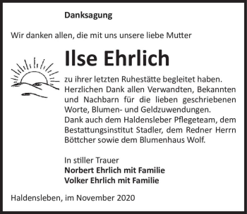 Traueranzeige von Ilse Ehrlich  von Magdeburger Volksstimme