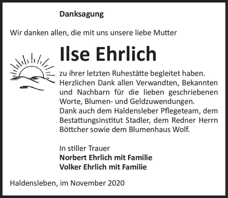  Traueranzeige für Ilse Ehrlich  vom 10.11.2020 aus Magdeburger Volksstimme