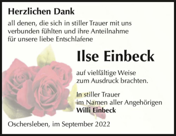 Traueranzeige von Ilse Einbeck  von Magdeburger Volksstimme