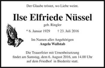 Traueranzeige von Ilse Elfriede Nüssel (geb. Ringler)  von Magdeburger Volksstimme