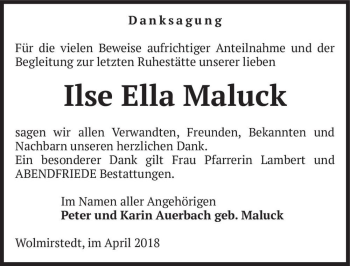 Traueranzeige von Ilse Ella Maluck  von Magdeburger Volksstimme