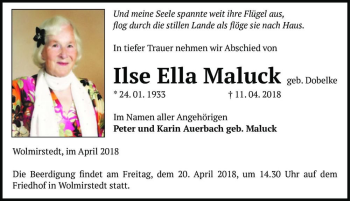 Traueranzeige von Ilse Ella Maluck (geb. Dobelke)  von Magdeburger Volksstimme