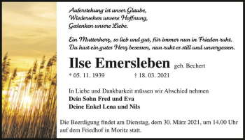 Traueranzeige von Ilse Emersleben (geb. Bechert)  von Magdeburger Volksstimme