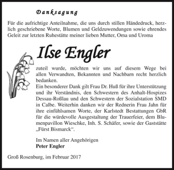 Traueranzeige von Ilse Engler  von Magdeburger Volksstimme
