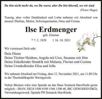 Traueranzeige von Ilse Erdmenger (geb. Zimmer)  von Magdeburger Volksstimme