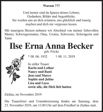 Traueranzeige von Ilse Erna Anna Becker (geb. Fricke)  von Magdeburger Volksstimme