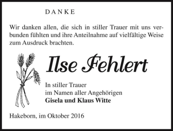 Traueranzeige von Ilse Fehlert  von Magdeburger Volksstimme