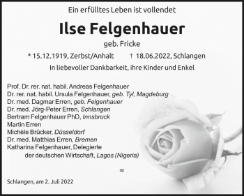 Traueranzeige von Ilse Felgenhauer (geb. Fricke)  von Magdeburger Volksstimme