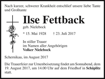 Traueranzeige von Ilse Fettback (geb. Nielebock)  von Magdeburger Volksstimme