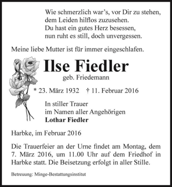 Traueranzeige von Ilse Fiedler (geb. Friedemann)  von Magdeburger Volksstimme