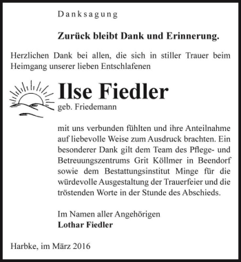 Traueranzeige von Ilse Fiedler (geb. Friedemann)  von Magdeburger Volksstimme