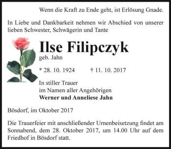 Traueranzeige von Ilse Filipczyk (geb. Jahn)  von Magdeburger Volksstimme