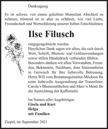 Traueranzeige von Ilse Filusch  von Magdeburger Volksstimme