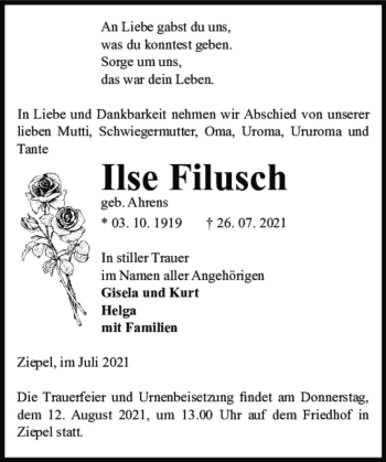 Traueranzeige von Ilse Filusch (geb. Ahrens)  von Magdeburger Volksstimme