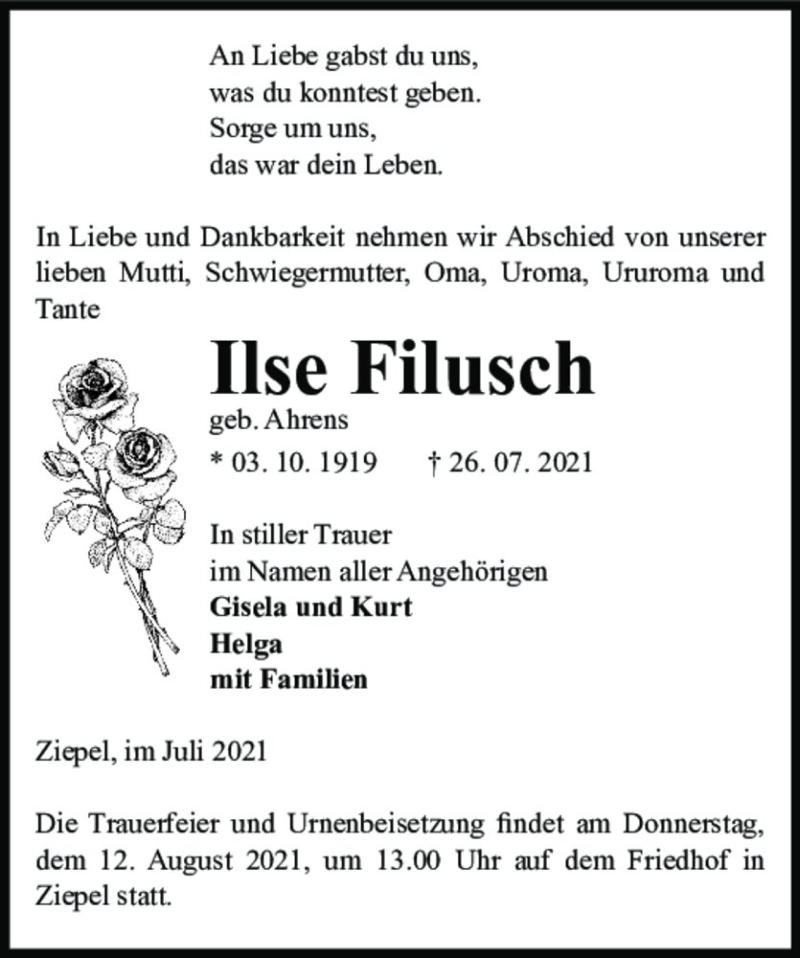  Traueranzeige für Ilse Filusch (geb. Ahrens)  vom 07.08.2021 aus Magdeburger Volksstimme