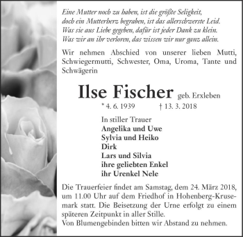 Traueranzeige von Ilse Fischer (geb. Erxleben)  von Magdeburger Volksstimme