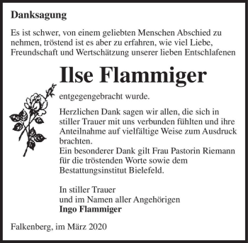 Traueranzeige von Ilse Flammiger  von Magdeburger Volksstimme