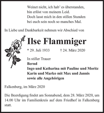 Traueranzeige von Ilse Flammiger  von Magdeburger Volksstimme