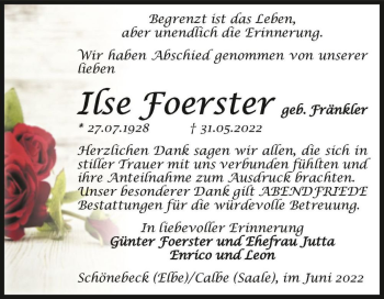 Traueranzeige von Ilse Foerster (geb. Fränkler)  von Magdeburger Volksstimme