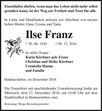 Traueranzeige von Ilse Franz  von Magdeburger Volksstimme