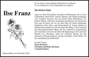 Traueranzeige von Ilse Franz  von Magdeburger Volksstimme