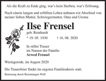 Traueranzeige von Ilse Frensel (geb. Reinhardt)  von Magdeburger Volksstimme