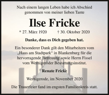 Traueranzeige von Ilse Fricke  von Magdeburger Volksstimme