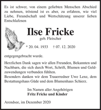 Traueranzeige von Ilse Fricke (geb. Fleischer)  von Magdeburger Volksstimme
