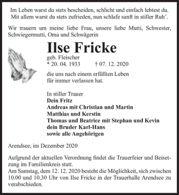 Traueranzeige von Ilse Fricke (geb. Fleischer)  von Magdeburger Volksstimme