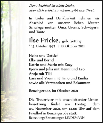 Traueranzeige von Ilse Fricke (geb. Götting)  von Magdeburger Volksstimme