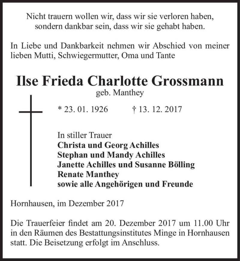  Traueranzeige für Ilse Frieda Charlotte Grossmann (geb. Manthey)  vom 16.12.2017 aus Magdeburger Volksstimme