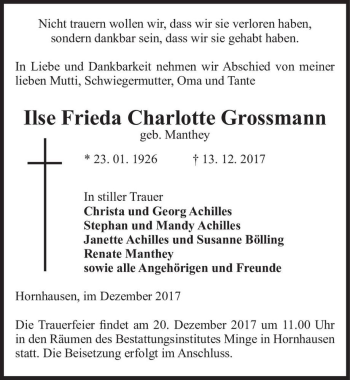 Traueranzeige von Ilse Frieda Charlotte Grossmann (geb. Manthey)  von Magdeburger Volksstimme